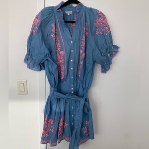 Juliet Dunn Blouson dress in Royal Blue with Candy Pink floral embroidery